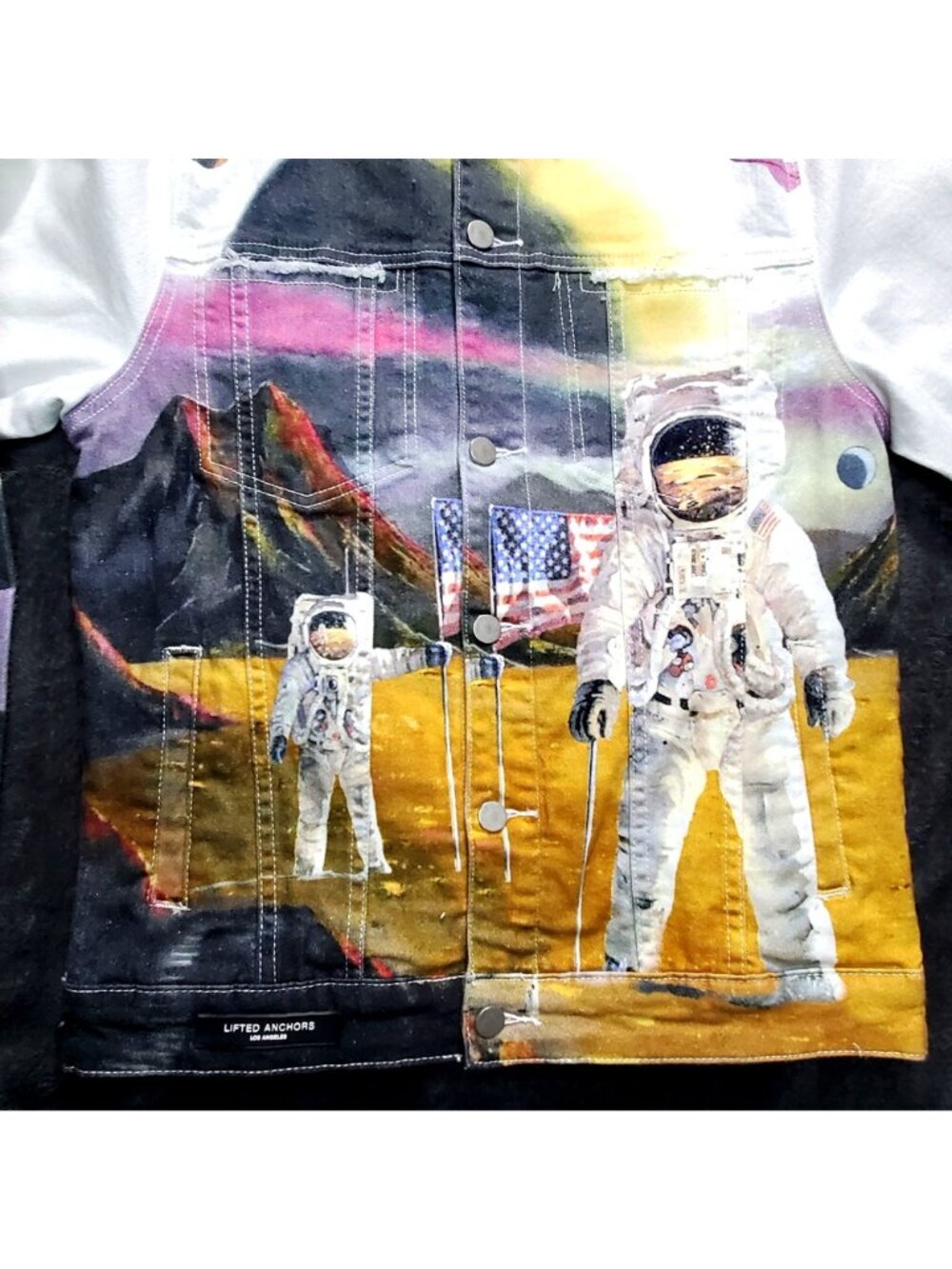 Lifted Anchors Medium "Wonderland" Astronaut Space Galaxy Printed Denim Jacket - Picture 7 of 10